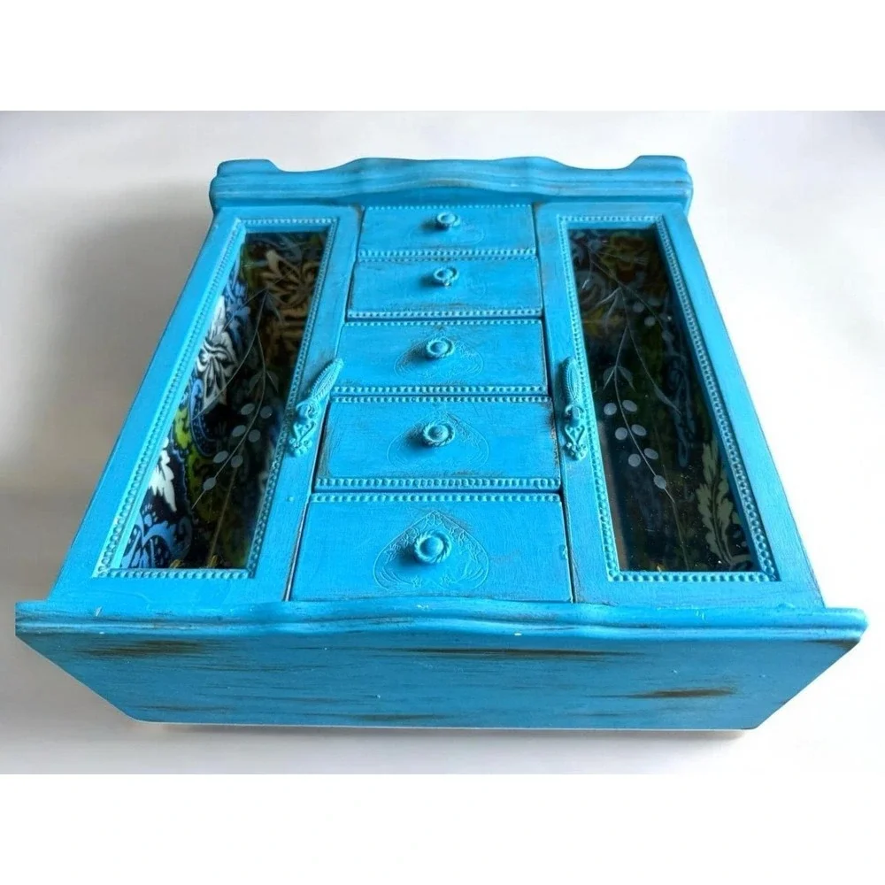 Upcycled Shabby Chic Turquoise Vintage Wood Jewelry Box Chest Armoire 5 Drawer